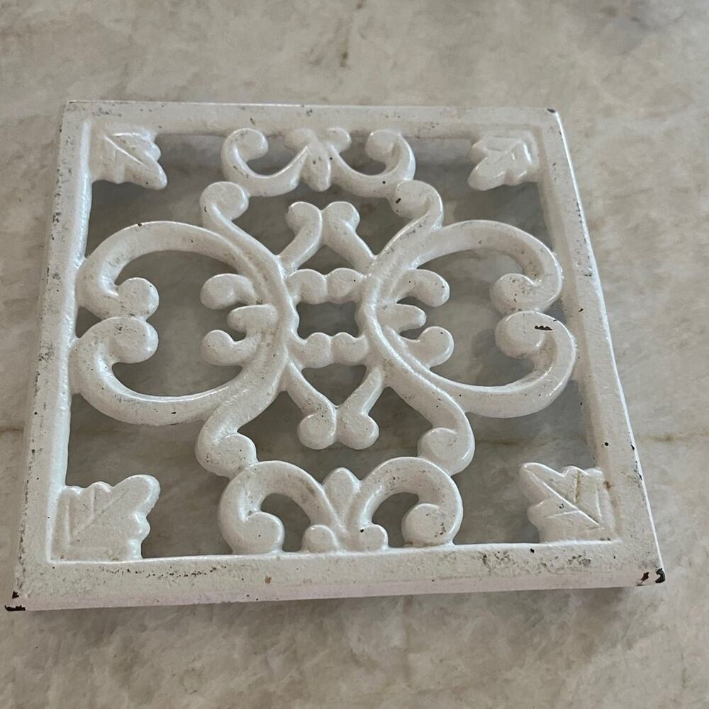 Cast iron trivet white filigree heavy duty